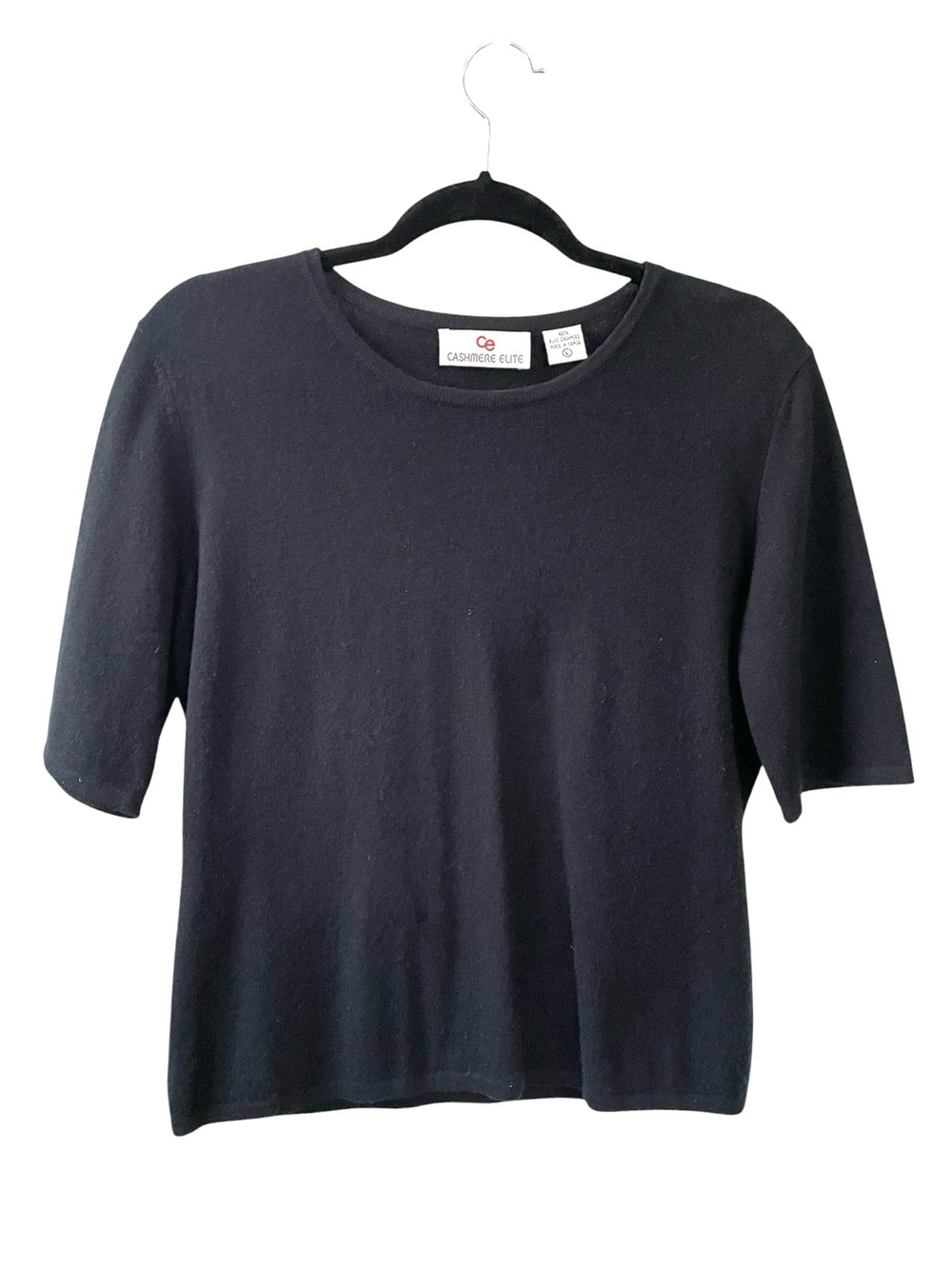 CASHMERE ELITE Women's Cashmere Short-Sleeve Crew Neck Sweater Black L